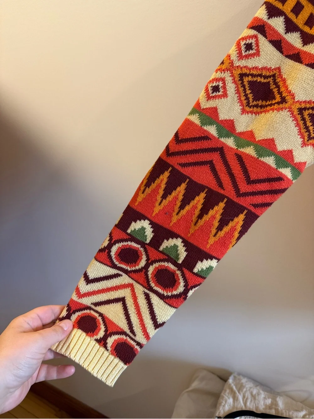 Crewneck Geometric Pattern Sweater in Red, Orange & Cream - Picture 2 of 6